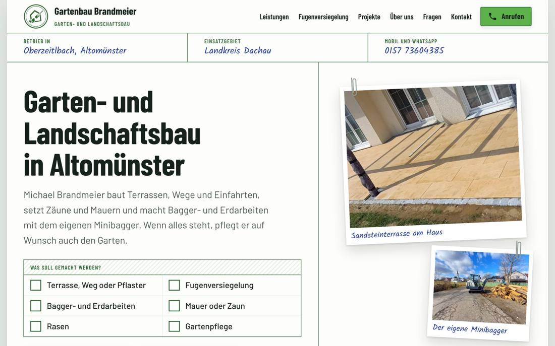 Startseite von Gartenbau Brandmeier mit der Überschrift „Garten- und Landschaftsbau in Altomünster“ und einem Foto einer Sandsteinterrasse